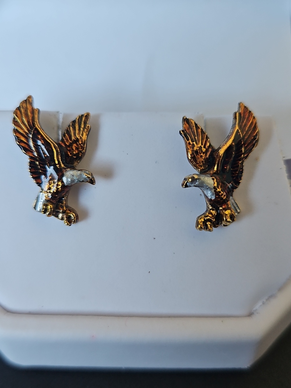 #113 Eagle Earrings In Gold Tone and White with Intricate Feather Detail